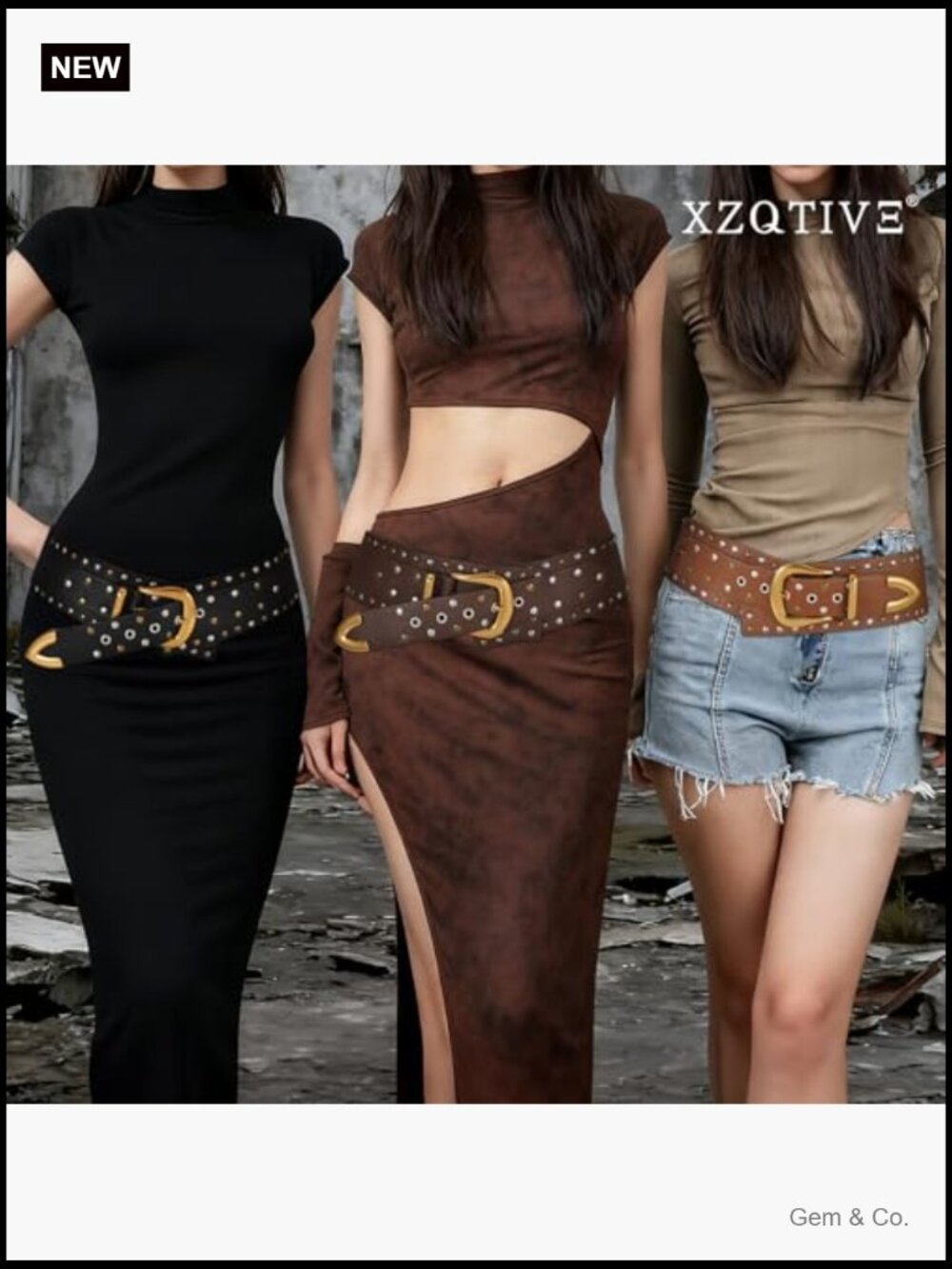Wide Studded PU Leather Fashion Belt with Gold Buckle - Picture 5 of 6